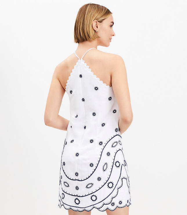 Embroidered Linen Blend Mini Halter Dress