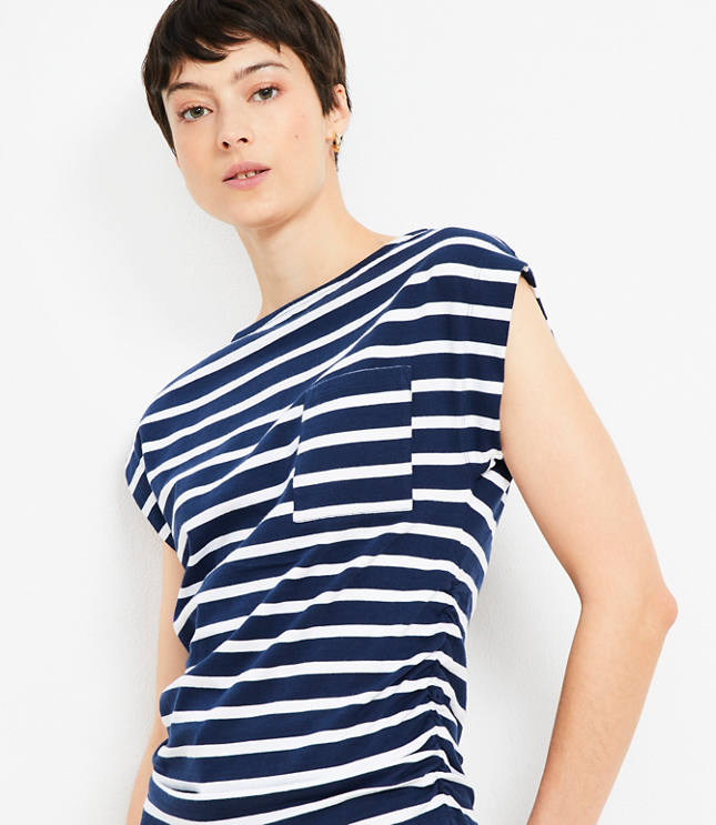 Petite Stripe Ruched Boatneck Pocket Tee