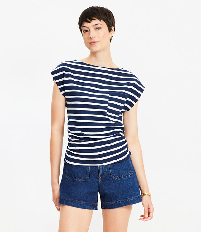 Petite Stripe Ruched Boatneck Pocket Tee