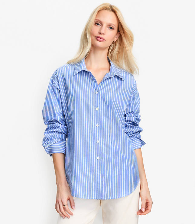 Striped Poplin Cutout Back Tunic Shirt