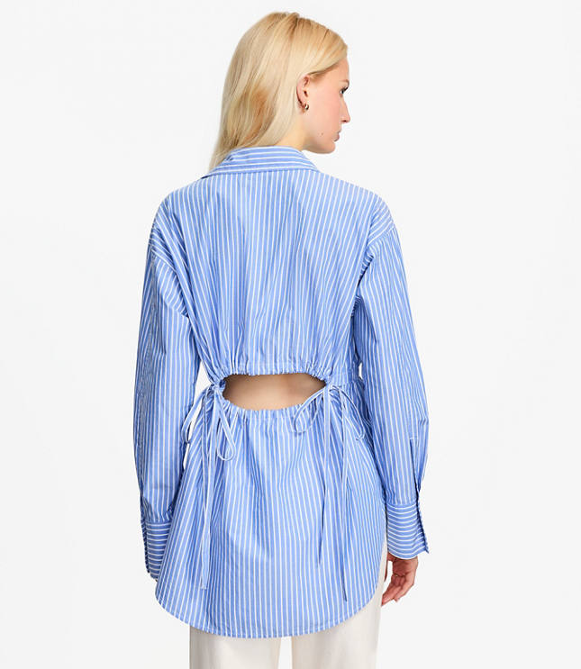 Striped Poplin Cutout Back Tunic Shirt