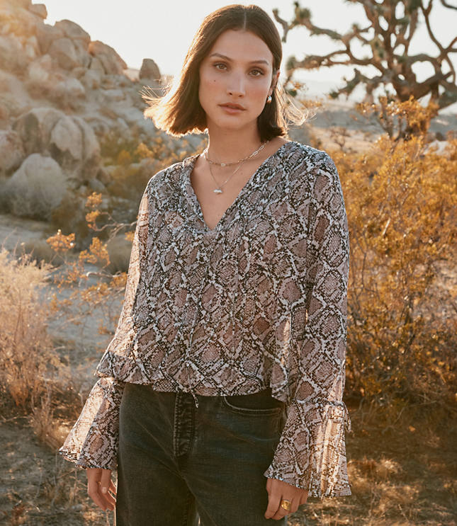 Petite Snake Print Pintucked Bow Blouse