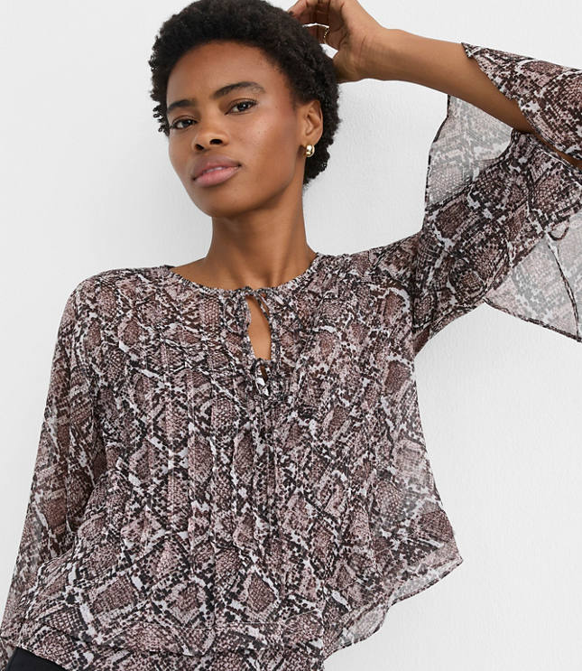 Petite Snake Print Pintucked Bow Blouse