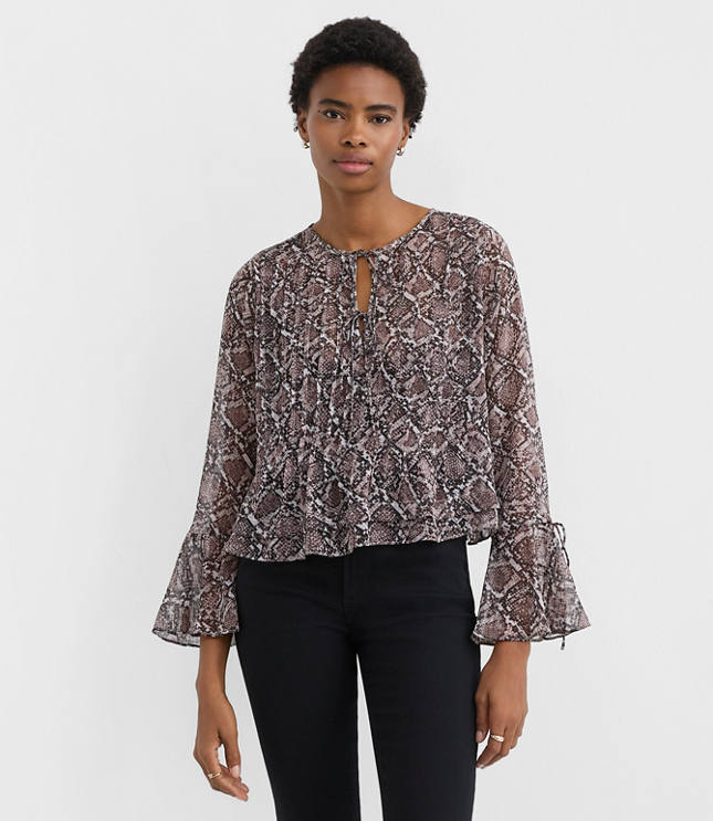 Petite Snake Print Pintucked Bow Blouse