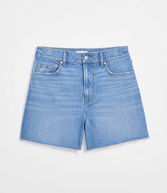 Rivete Tall Curvy High Rise Cut Off Denim Shorts in Mid Wash