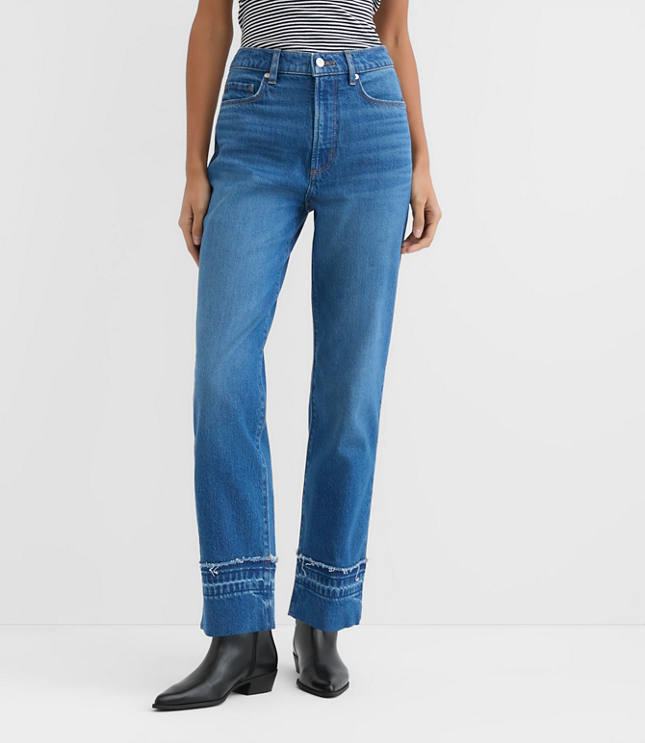 Rivete Tall Curvy Unpicked Cuffed High Rise Straight Jeans in Authentic Indigo