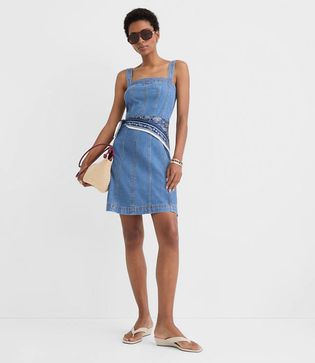 Seamed Denim Mini Dress in Medium Blue carousel Product Image 1