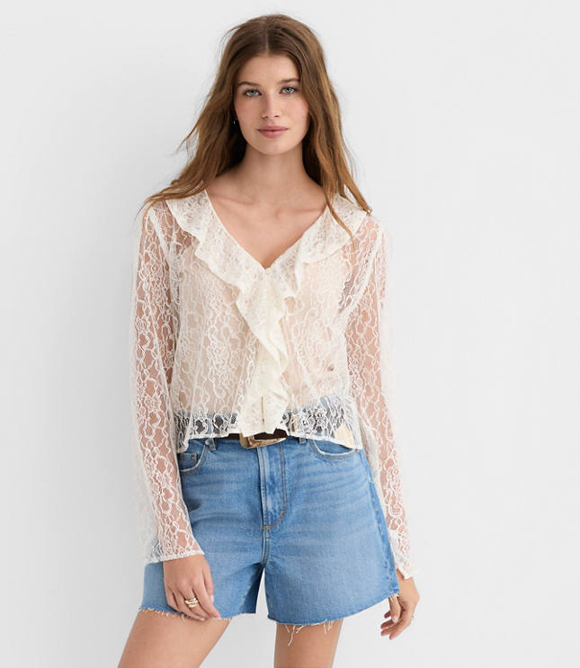 Petite Lace Ruffle V-Neck Blouse