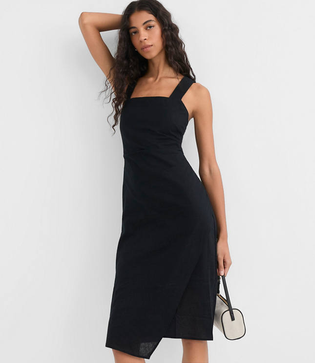 Ruched Linen Cotton Square Neck Midi Dress