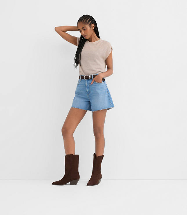 Rivete Tall High Rise Cut Off Denim Shorts in Mid Wash