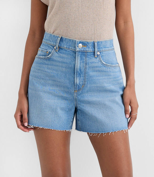 Rivete Tall High Rise Cut Off Denim Shorts in Mid Wash