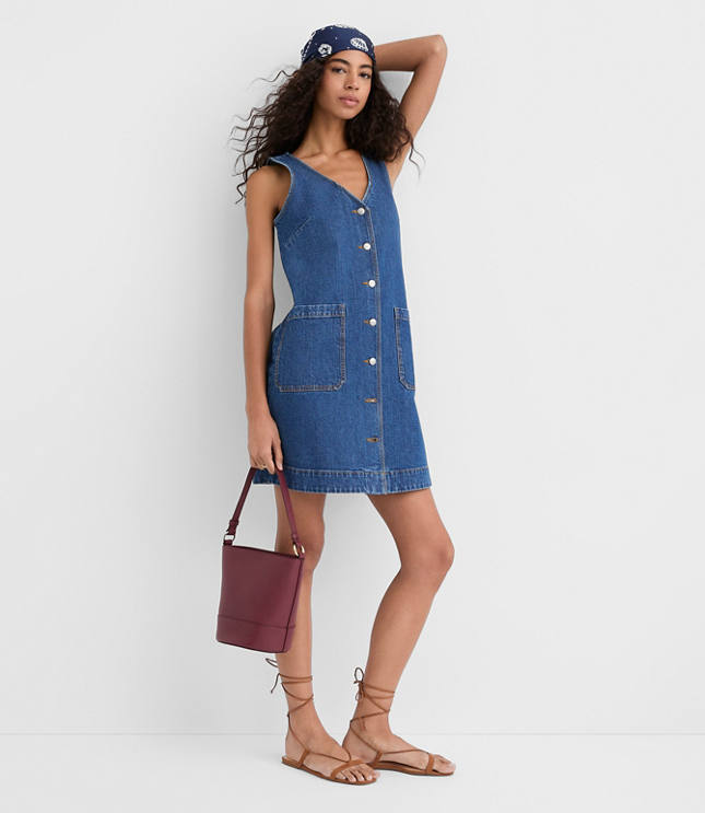 Denim Button Mini Pocket Dress in Classic Mid Wash