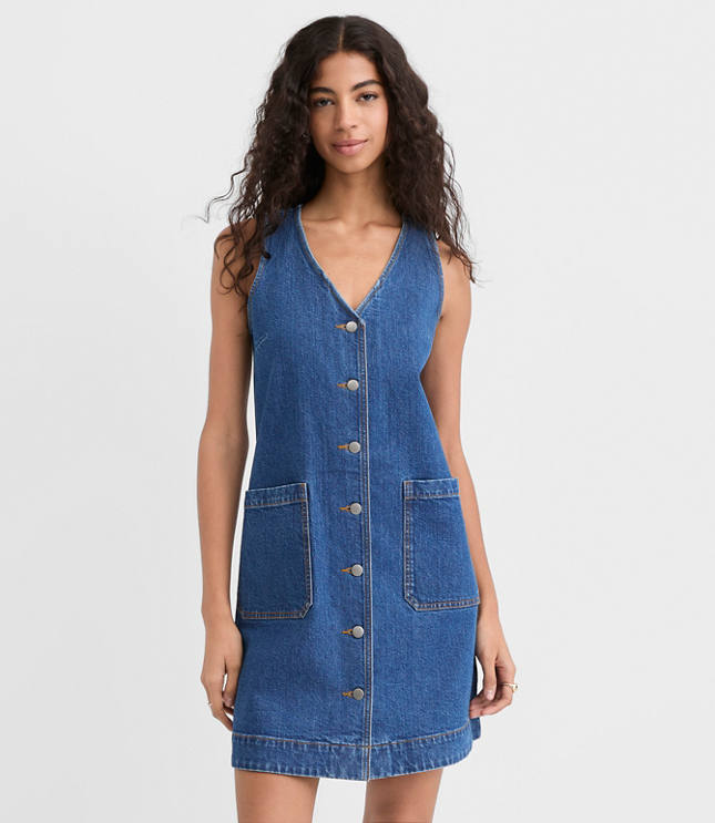Denim Button Mini Pocket Dress in Classic Mid Wash