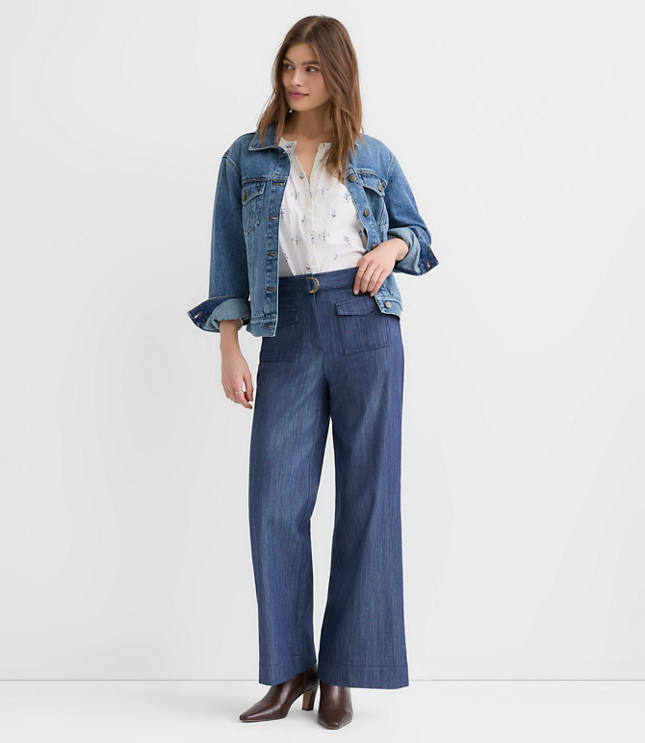 Petite Belted Palmer Wide Leg Pants in Refined Denim