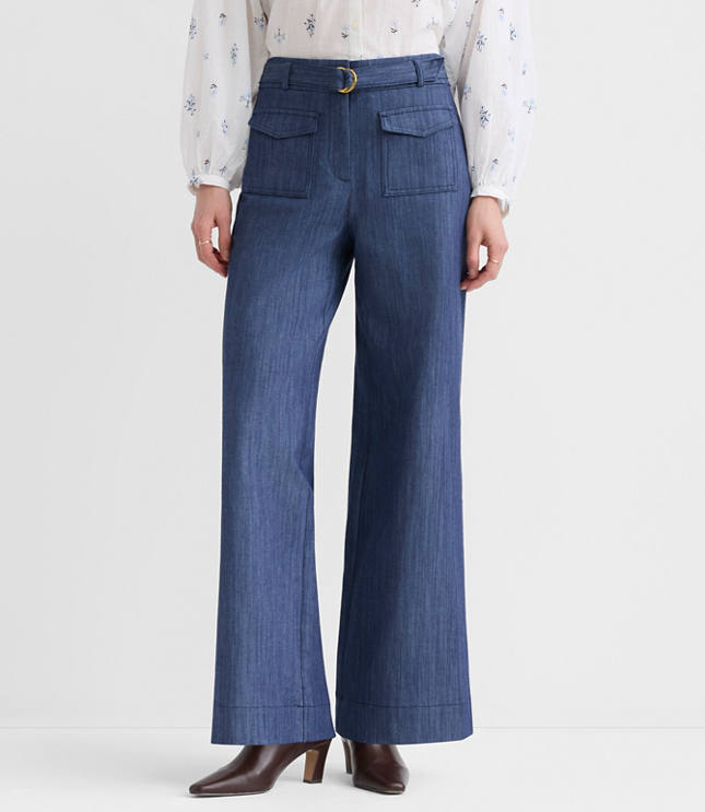 Petite Belted Palmer Wide Leg Pants in Refined Denim