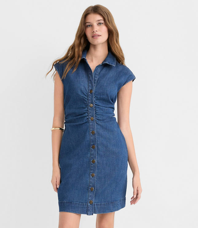 Denim Ruched Mini Pocket Dress in Dark Wash