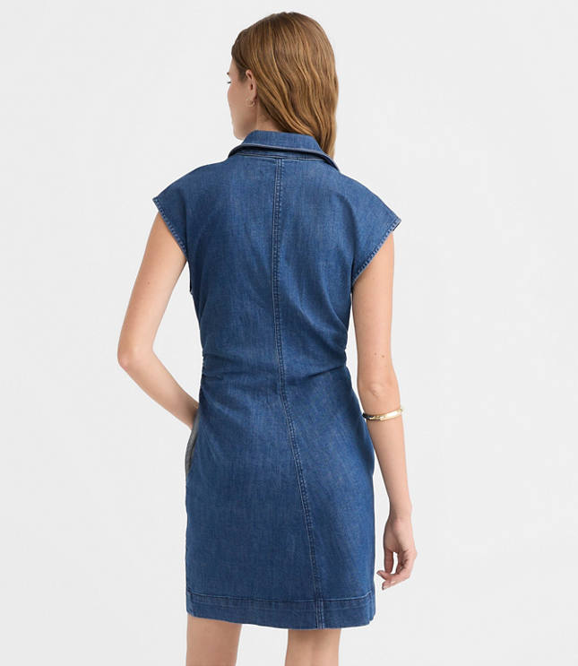 Denim Ruched Mini Pocket Dress in Dark Wash