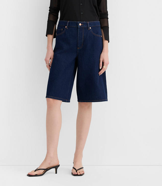 Rivete Tall High Rise Denim Bermuda Shorts in Dark Rinse