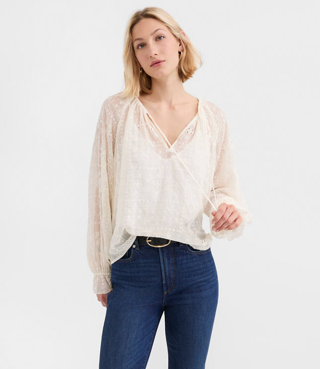 Petite Eyelet Ruffle Cuff Tie Neck Blouse