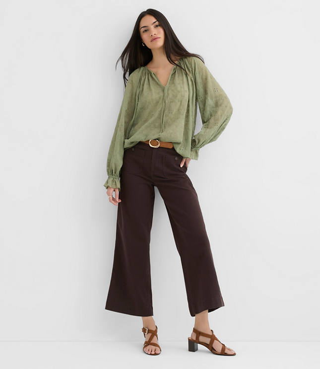 Petite Eyelet Ruffle Cuff Tie Neck Blouse