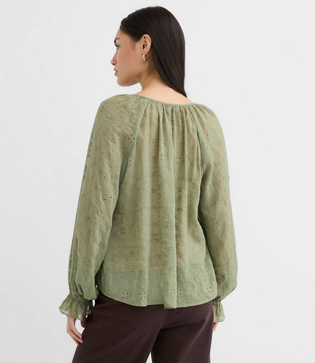 Petite Eyelet Ruffle Cuff Tie Neck Blouse