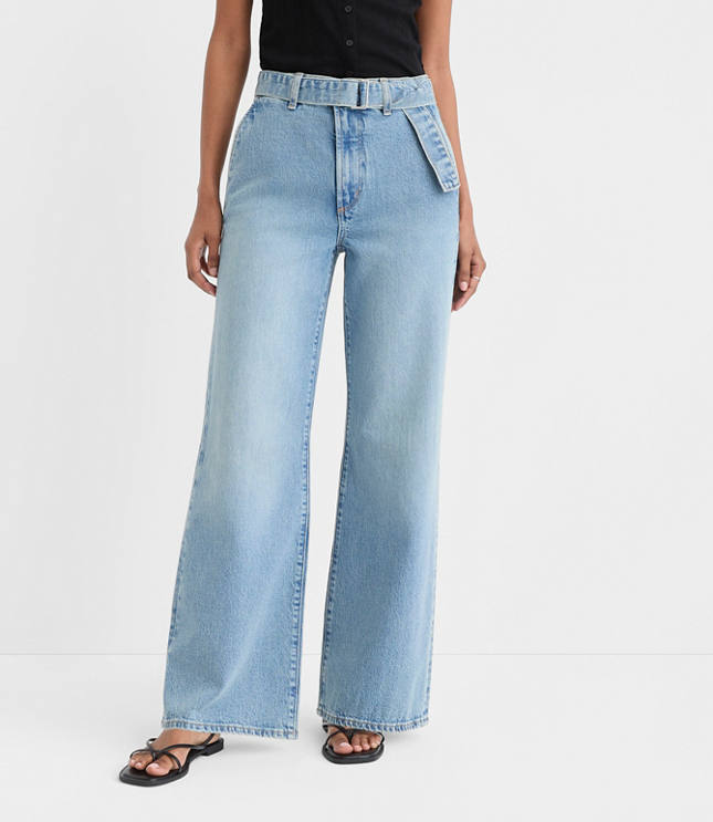 Rivete Tall Belted High Rise Wide Leg Jeans in Light Wash