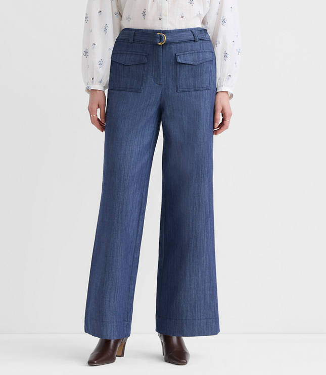 Petite Curvy Belted Palmer Wide Leg Pants in Refined Denim