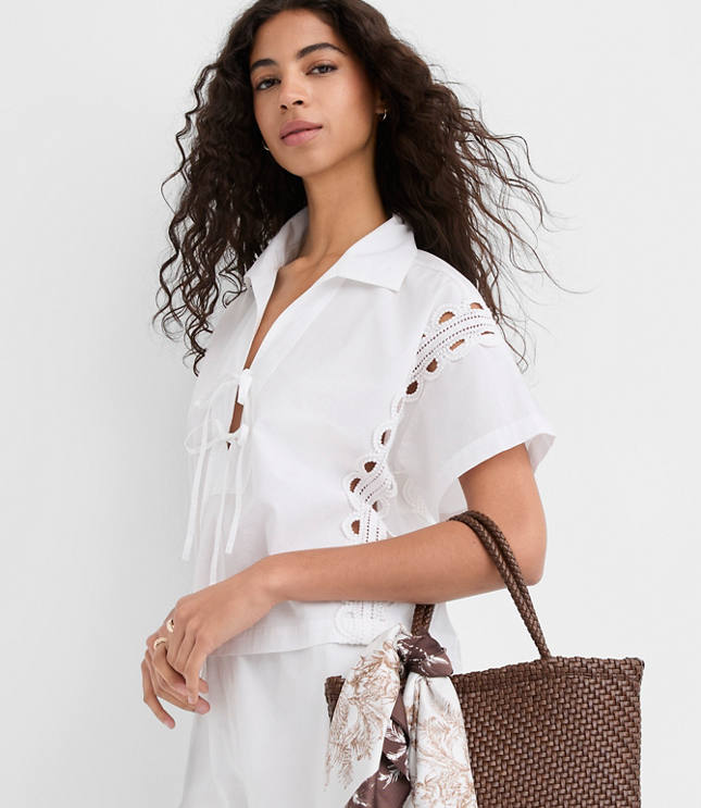 Lace Eyelet Bow Poplin Shirt