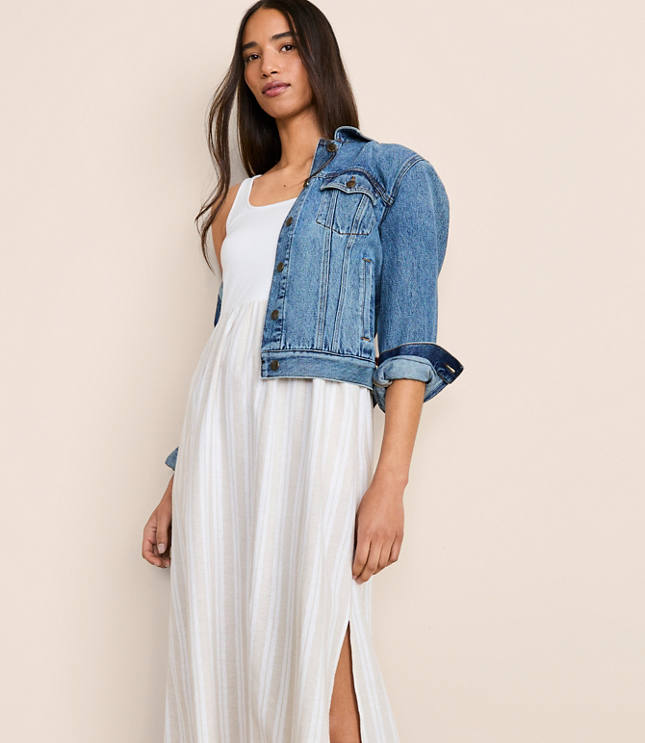 Lou & Grey Striped Square Neck Mixed Media Maxi Pocket Dress