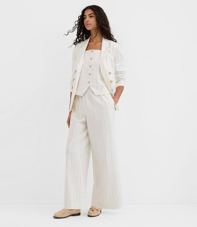 Petite Pull On Wide Leg Pants in Pinstripe Cotton Linen