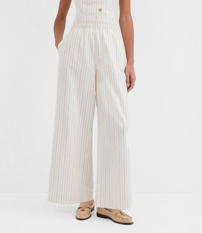 Petite Pull On Wide Leg Pants in Pinstripe Cotton Linen