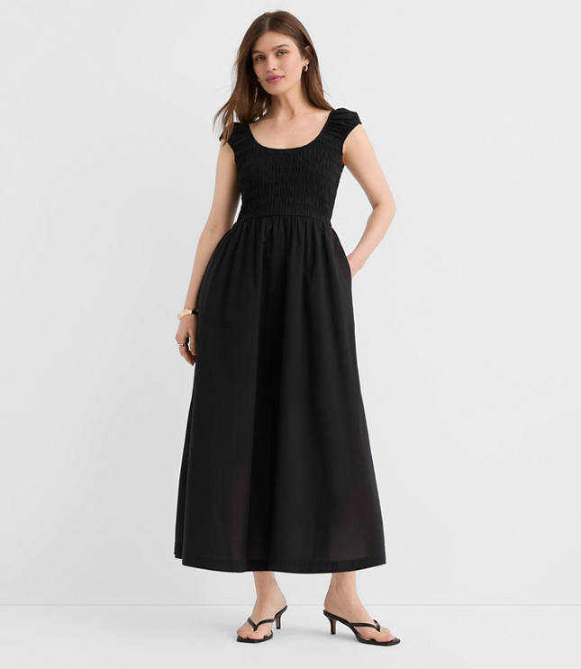 Smocked Cap Sleeve Midi Pocket Dress