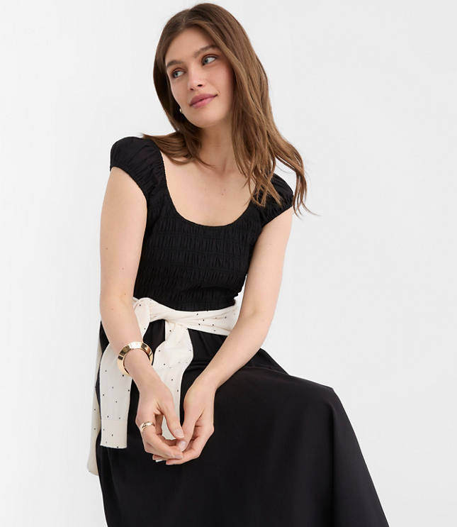 Smocked Cap Sleeve Midi Pocket Dress