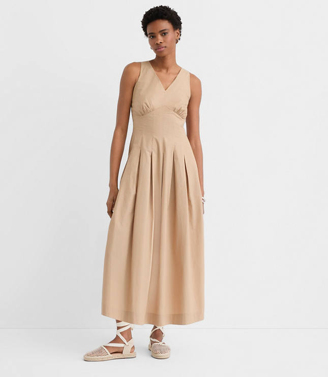 Pleated Poplin Midi Pocket Dress