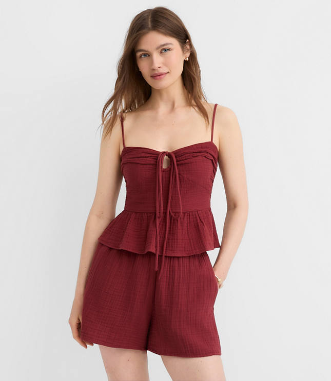 LOFT Beach Strappy Ruched Triple Cloth Peplum Top