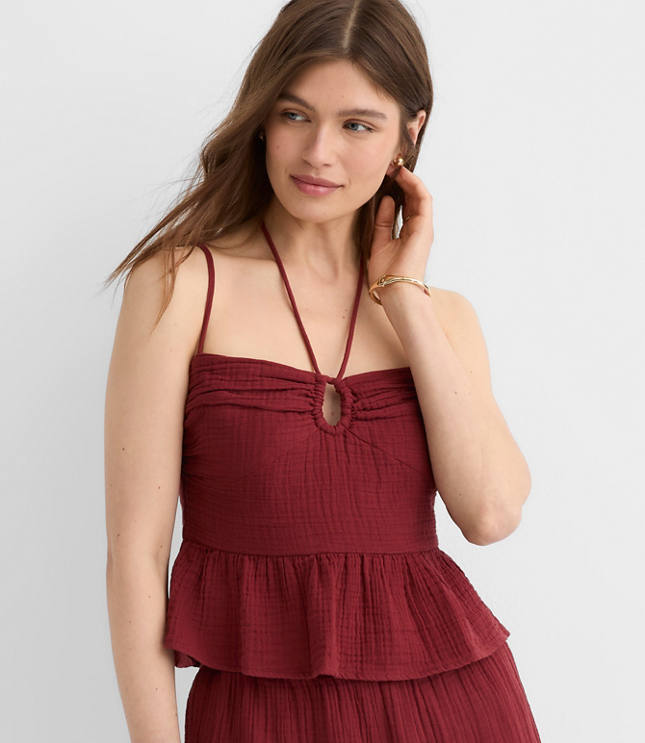 LOFT Beach Strappy Ruched Triple Cloth Peplum Top