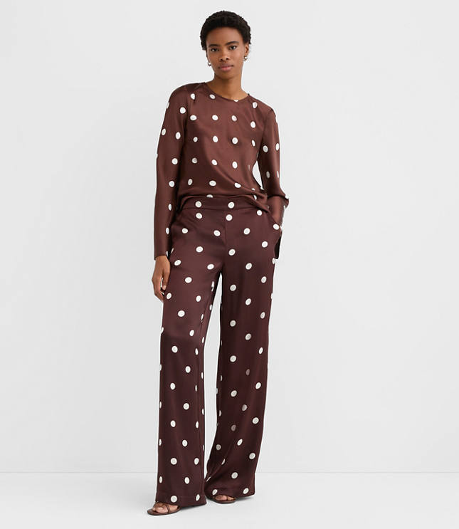 Petite Fluid Pull On Wide Leg Pants in Dotted Satin