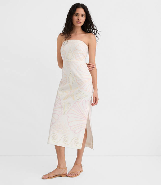LOFT Beach Seashell Linen Cotton Strapless Midi Dress