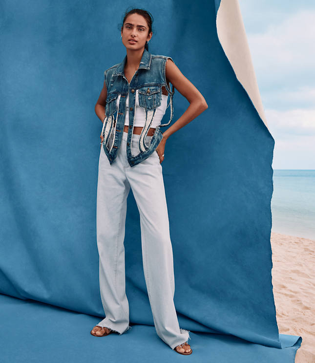 Rivete Petite Fresh Cut Mid Rise Wide Leg Jeans in Wave Wash
