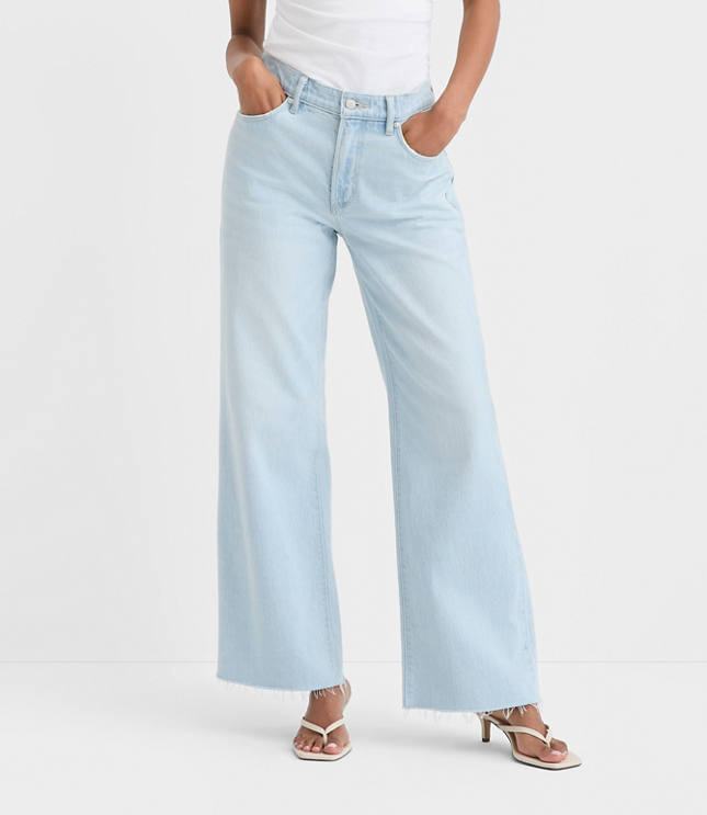 Rivete Petite Fresh Cut Mid Rise Wide Leg Jeans in Wave Wash