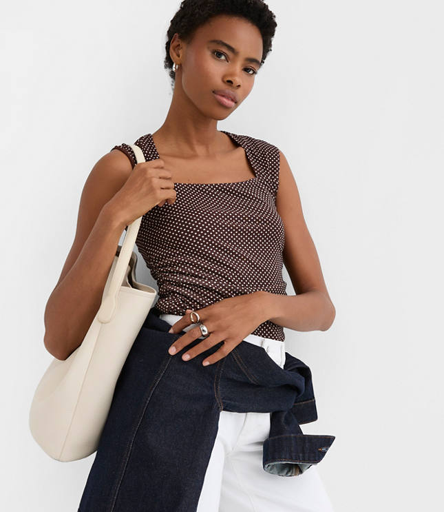 Pindot Mesh Ruched Square Neck Top