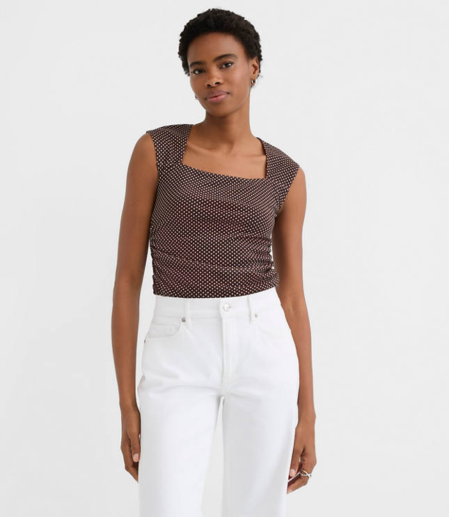 Pindot Mesh Ruched Square Neck Top