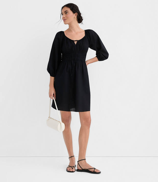 Petite Linen Cotton Smocked Mini Dress