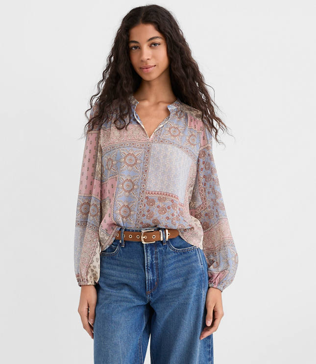 Petite Patchwork Split Neck Blouse