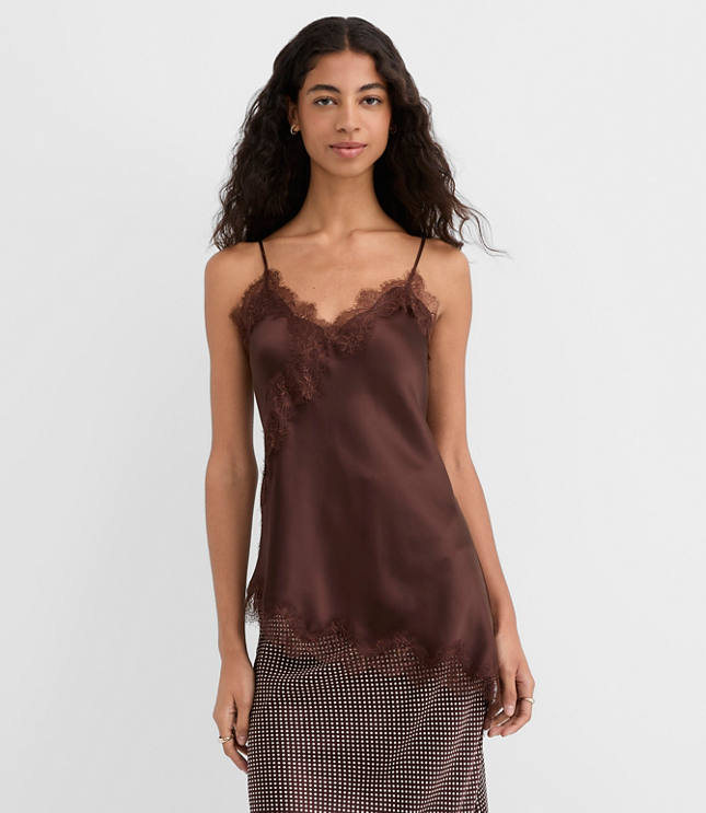 Petite Lace Trim Satin Asymmetrical Cami