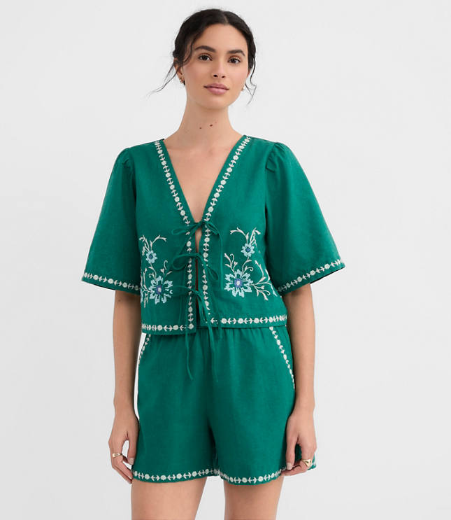 Petite Floral Linen Cotton Bow Blouse