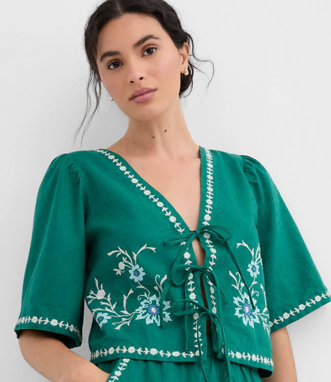 Petite Floral Linen Cotton Bow Blouse