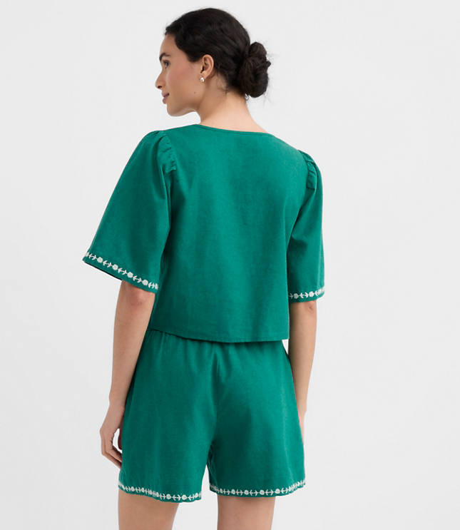 Petite Floral Linen Cotton Bow Blouse