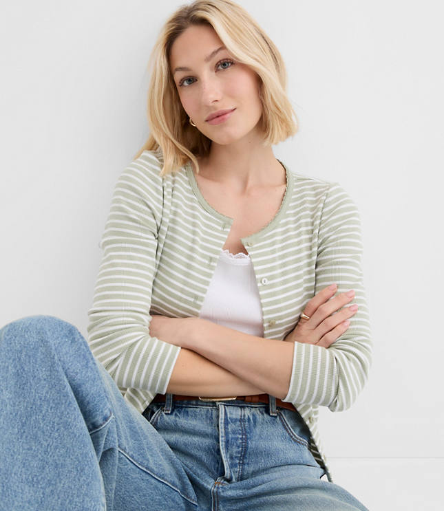 Striped Scalloped Ribbed Cardigan