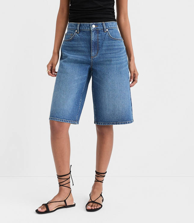 Rivete Petite High Rise Denim Bermuda Shorts in Dark Wash